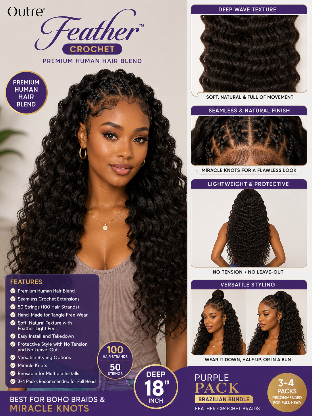 Outre Premium Purple Pack Brazilian Bundle Feather Crochet Braids – Deep 18” Human Hair Blend