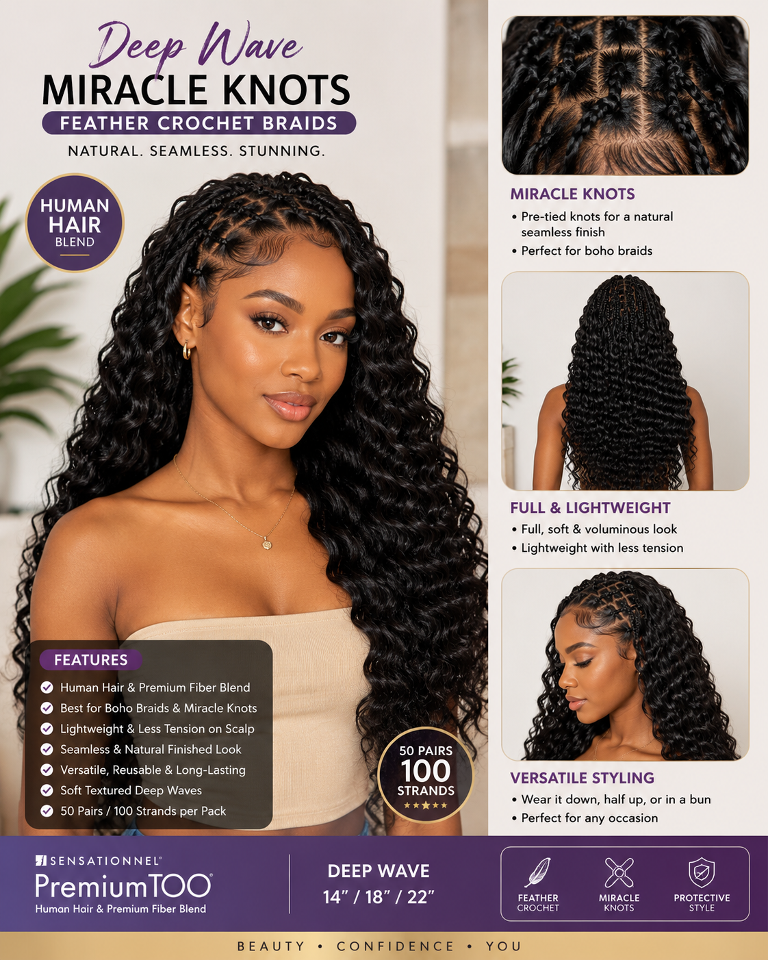Sensationnel Premium Too Feather Crochet Braids – Deep Wave Human Hair Blend 1B (22”)