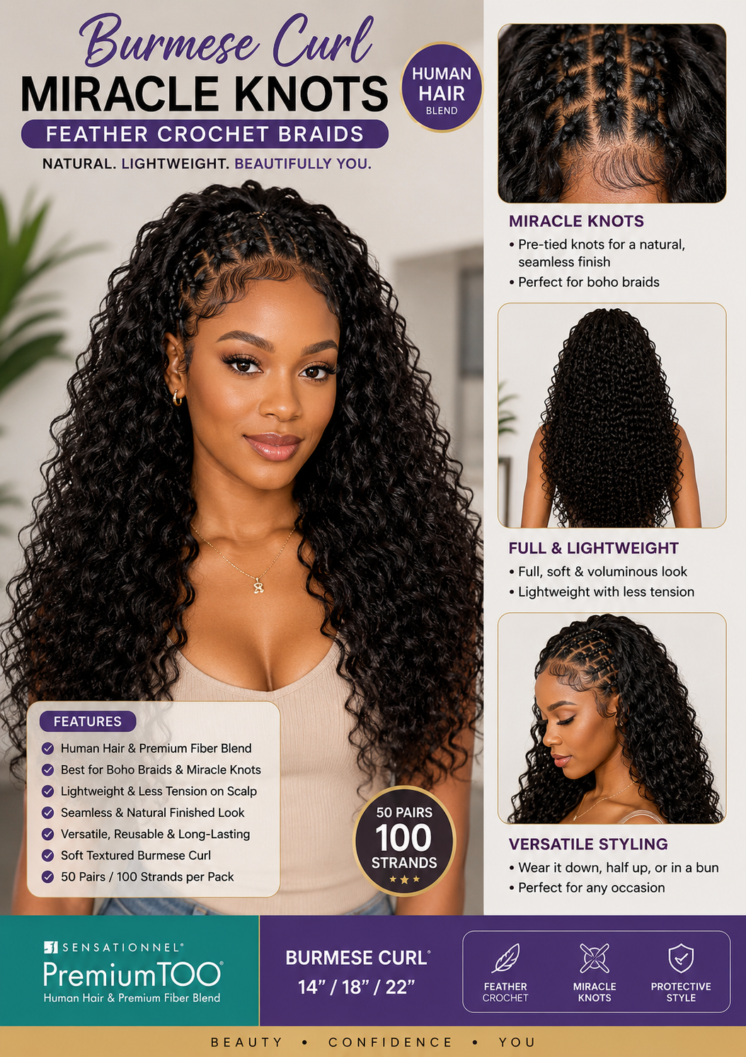 Sensationnel Premium Too Feather Crochet Braids – Burmese Curl Human Hair Blend 1 B (22”)